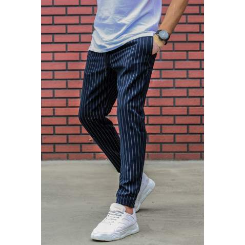 Madmext Navy Blue Striped Trousers Mad4084 - Lacivert