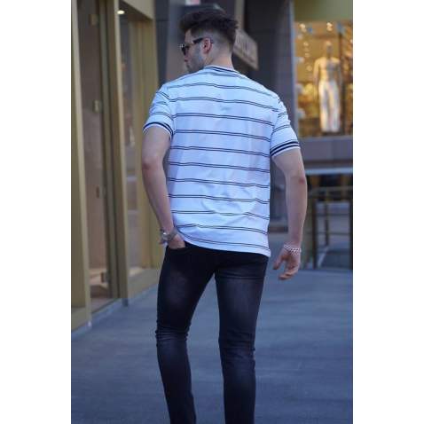 Men Striped White Polo T-Shirt 5874 - Beyaz