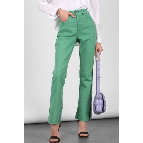 Women Green Side Slit Cuff Jeans - Yeşil