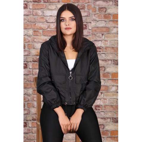 Mad Girls Black Zip-Down Raincoat MG690 - Siyah