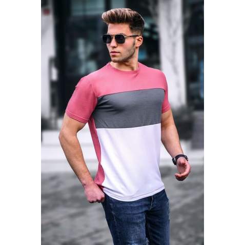 Madmext Men Color Blocked Pink T-shirt 5826 - Pembe