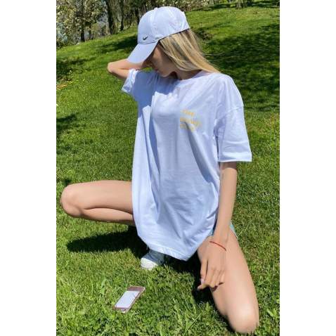 Women Printed Oversize White T-Shirt - Beyaz