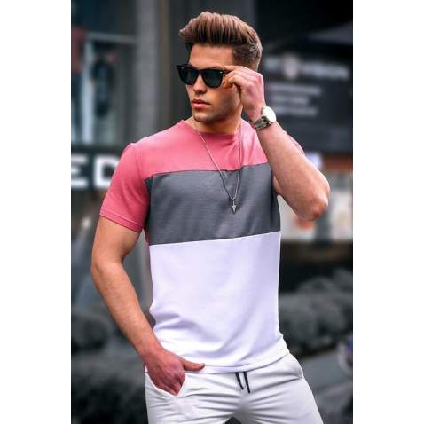 Madmext Men Color Blocked Pink T-shirt 5826 - Pembe