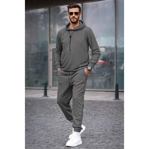 Smoke Gray Hoodie Basic Tracksuit 5908 - Füme