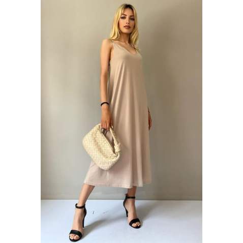 Beige V Neck Chain Strap Long Dress MG1542 - Bej