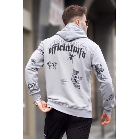 Dye Gray Printed Hoodie Sweatshirt 5895 - Boyalı gri