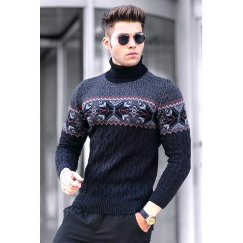 Madmext Black Turtleneck Patterned Jumper 4731 - Siyah