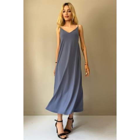 Indigo V Neck Chain Strap Long Dress MG1542 - İndigo