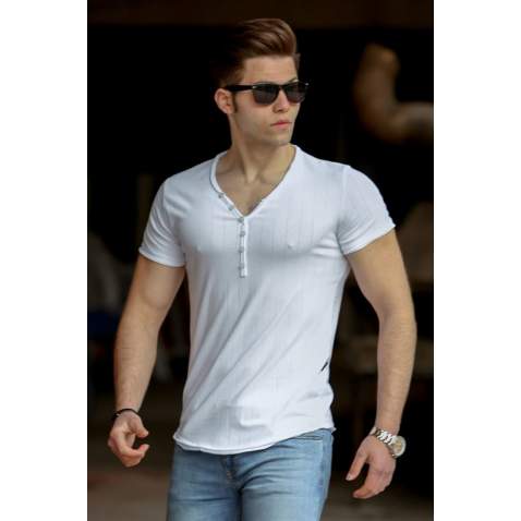 Madmext White Basic V Neck T-shirt for Men 4551 - Beyaz