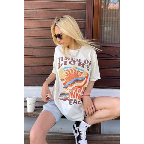 Women Printed Ecru Over Fit T-Shirt MG1498 - Ekru