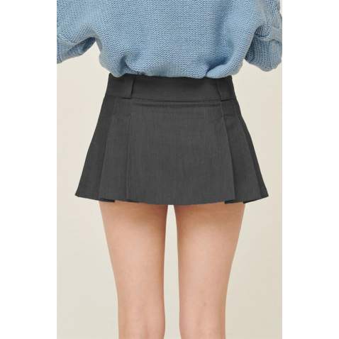 Women Anthracite Pleated Basic Mini Skirt - Antrasit