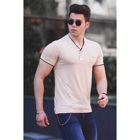 Madmext Camel Basic V Neck T-shirt for Men 4447 - Camel