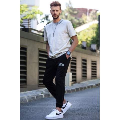 Men Beige Basic T-Shirt Tracksuit 5780 - Bej