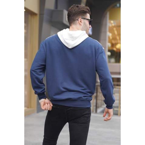 Navy Blue Designed Hoodie Sweatshirt 6022 - Lacivert