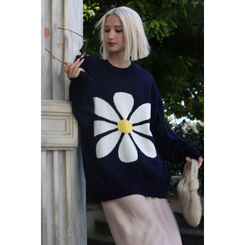 Women Designed Navy Blue Oversize Sweater MG1427 - Lacivert