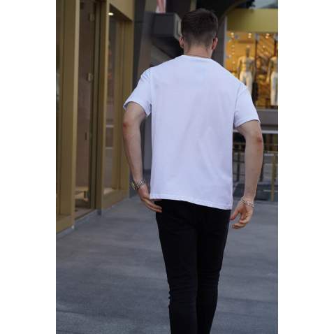 Men Embroided White Over Fit T-Shirt 5886 - Beyaz