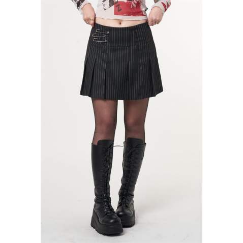 Women Striped Black Pleated Mini Skirt MG1451 - Siyah