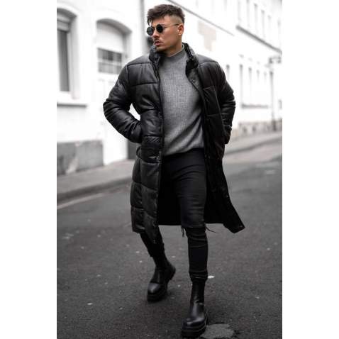 Men Black Long Puffer Jacket - Siyah