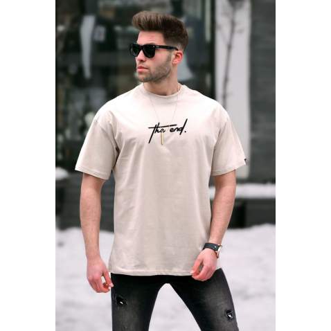 Madmext Men Embroided Beige T-shirt 5380 - Bej