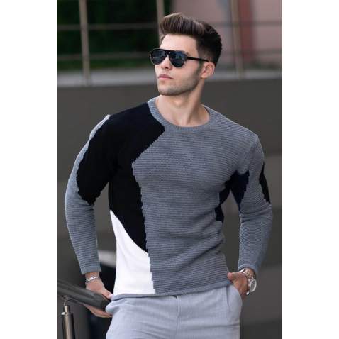 Madmext Grey Two-Tone Crewneck Jumper 2770-1 - Gri