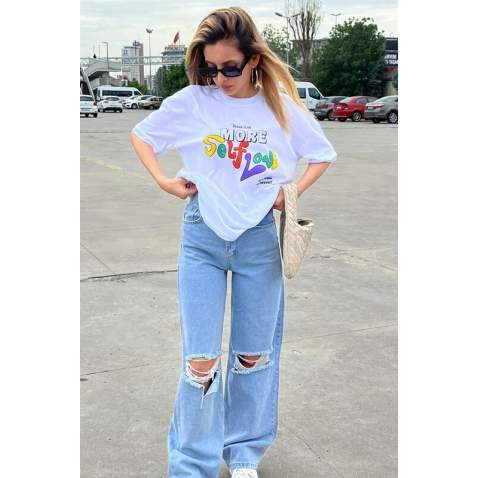 White Printed Oversize T-Shirt MG1522 - Beyaz