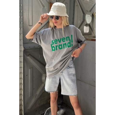 Women Printed Oversize Dye Gray T-Shirt MG1489 - Boyalı gri