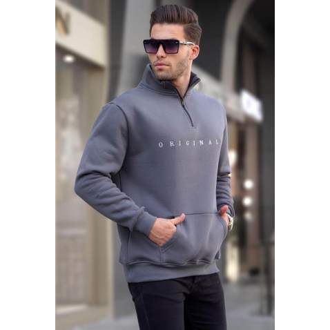 Füme Fermuar Yaka Baskılı Sweatshirt 6028 - Füme