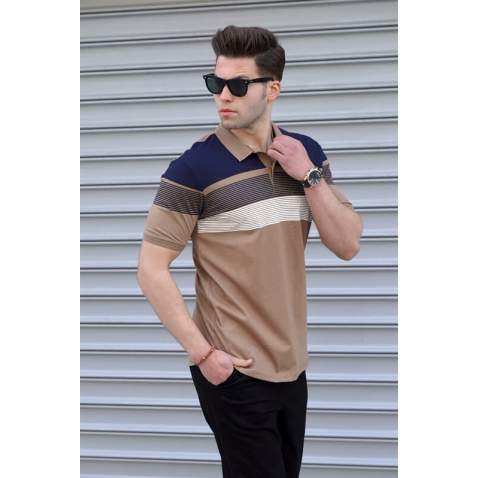 Men Striped Camel Polo T-Shirt - Camel