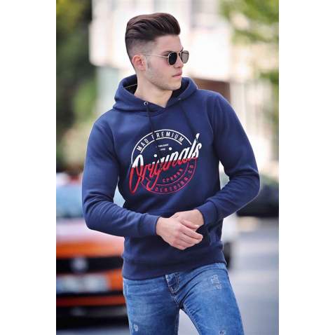 Madmext Navy Blue Printed Hoodie 4177 - Lacivert