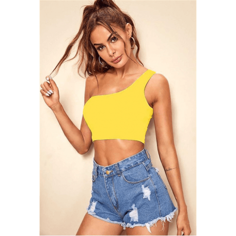 Mad Girls Yellow One Shoulder Strappy Crop Top MG325 - Sarı