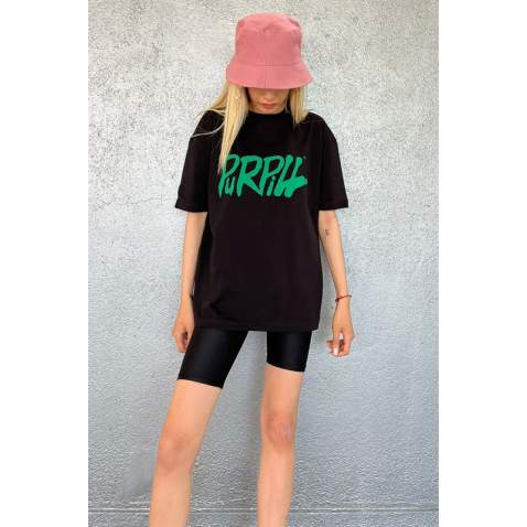 Women Printed Oversize Black T-Shirt MG1490 - Siyah