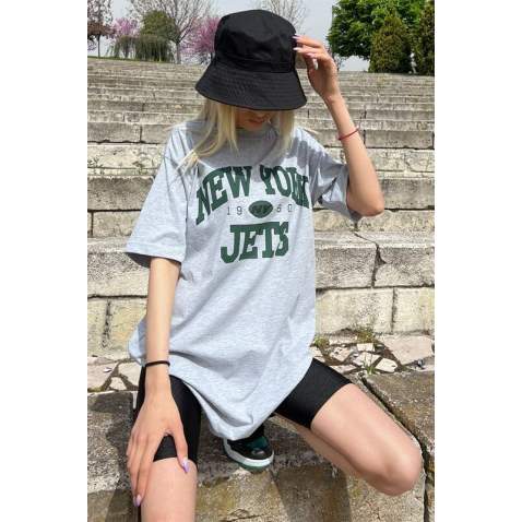 Women Printed Oversize Gray T-Shirt MG1226 - Gri