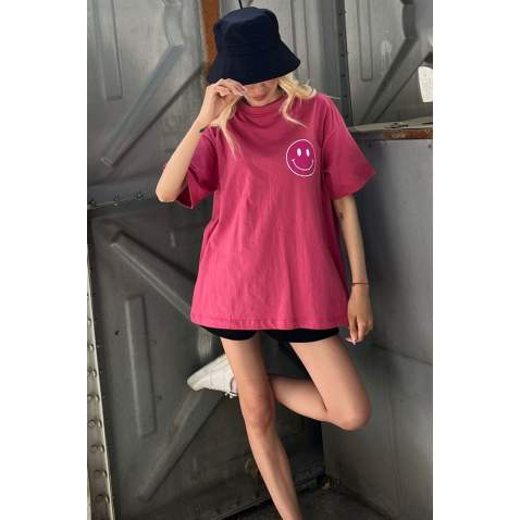 Women Printed Pink Oversize T-Shirt - Pembe