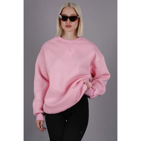 Pembe Kaşkorse Detaylı Bisiklet Yaka Sweatshirt MG1567 - Pembe