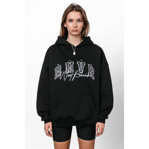 Mad Girls Embroided Black Sweatshirt Hoodie MG812 - Siyah