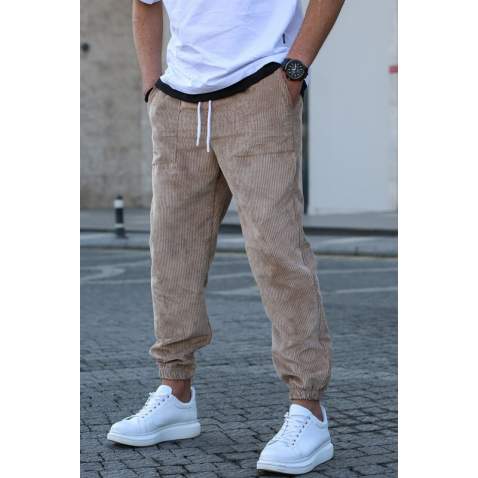 Men Beige Velvet Sweatpants 5466 - Bej