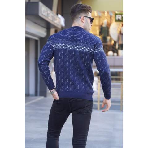 Navy Blue Designed Knitwear Sweater 5972 - Lacivert