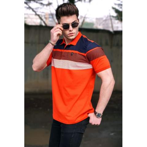 Men Striped Orange Polo T-Shirt - Turuncu