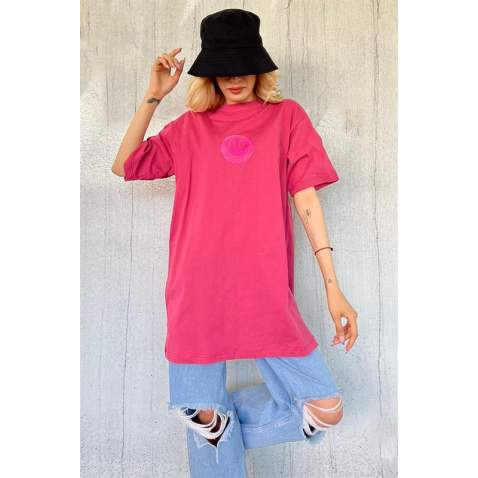 Women Printed Oversize Pink T-Shirt - Pembe