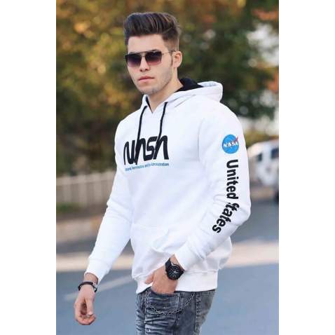 Madmext Men Printed White Hoodie 4385 - Beyaz