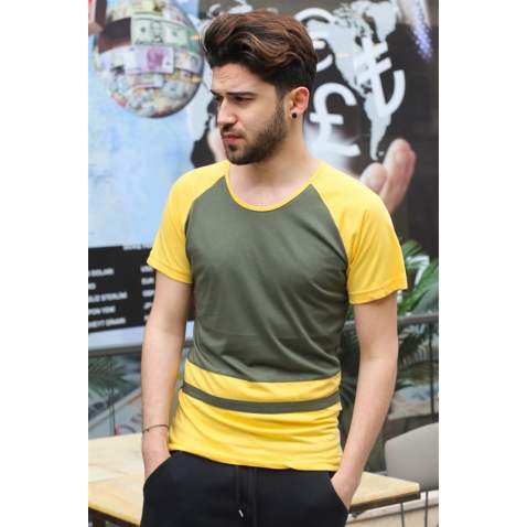 Madmext Khaki Striped T-shirt for Men 3014 - Haki