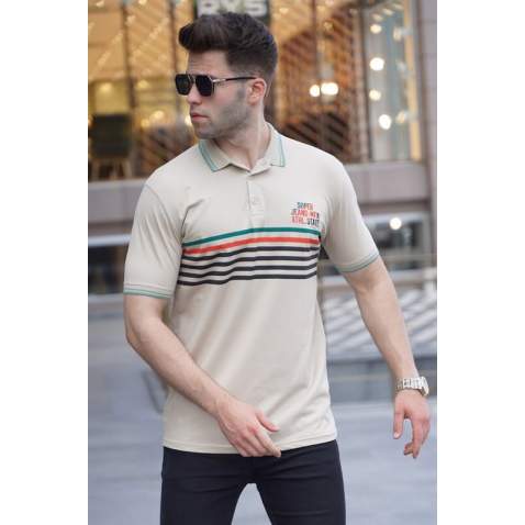 Striped Beige Polo T-Shirt 5869 - Bej