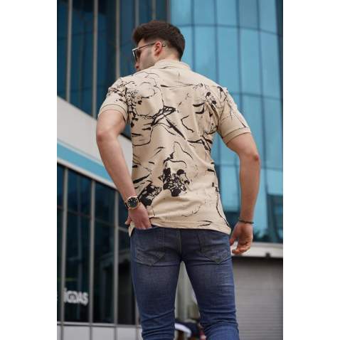 Men Designed Beige Polo T-Shirt - Bej