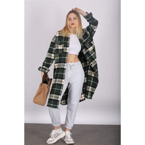 Mad Girls Green Plaid Coat MG1234 - Yeşil