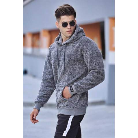 Madmext Men Gray Plush Hoodie Sweatshirt 2847 - Gri