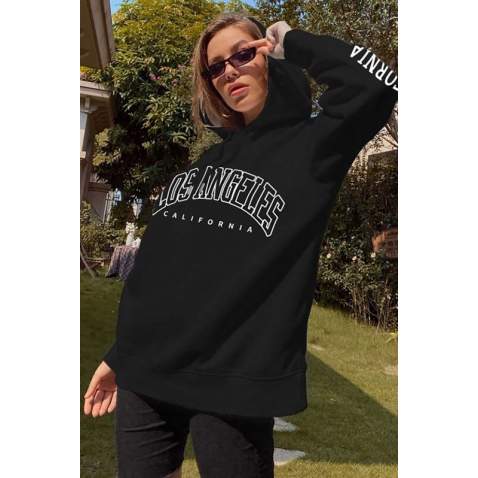 Mad Girls Black Printed Hoodie Sweatshirt Mg824 - Siyah