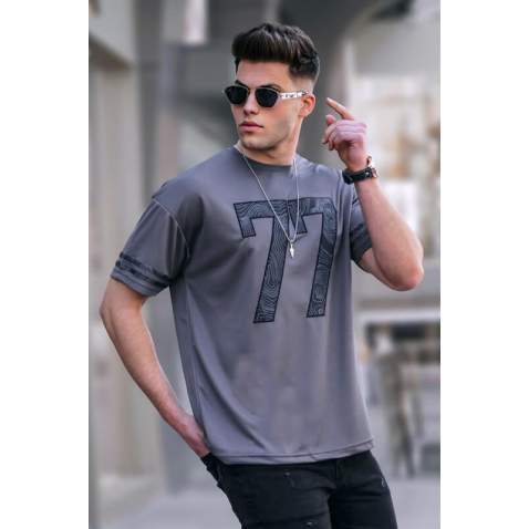 Men Printed Smoke Gray Oversize T-Shirt 5845 - Füme