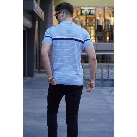 Men Striped Baby Blue Polo T-Shirt 5734 - Bebe mavisi