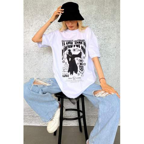 White Printed Oversize T-Shirt MG1417 - Beyaz