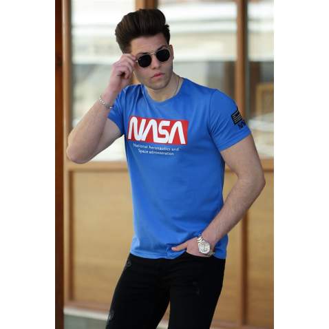 Madmext Blue Nasa T-shirt for Men 4526 - Saks